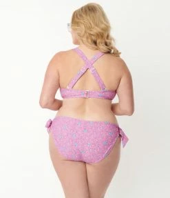 Swimwear Unique Vintage Plus Size Pink & Purple Floral Sweet & Sash-y Swim Bottom