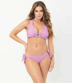 Unique Vintage Pink & Purple Floral Sweet & Sash-y Swim Bottom Swimwear