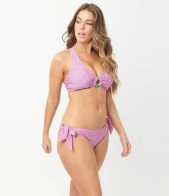 Unique Vintage Pink & Purple Floral Sweet & Sash-y Swim Bottom Swimwear