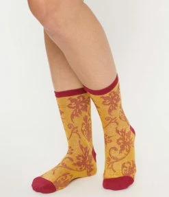 Sock Candy Vintage Style Gold & Red Brocade Shimmer Crew Socks