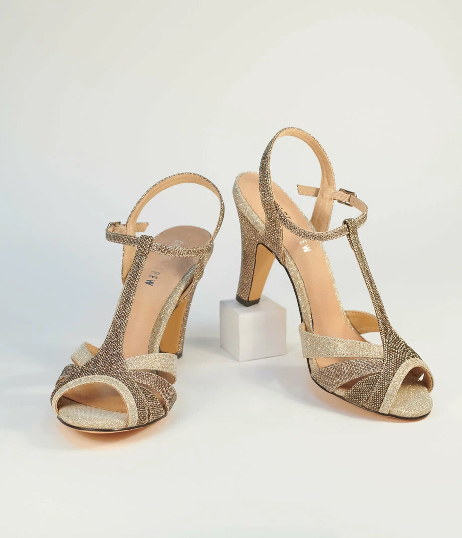 Demfon International (Chelsea Crew) Chelsea Crew Bronze Sparkle Diana Peep Toe Heels Flapper Shoes