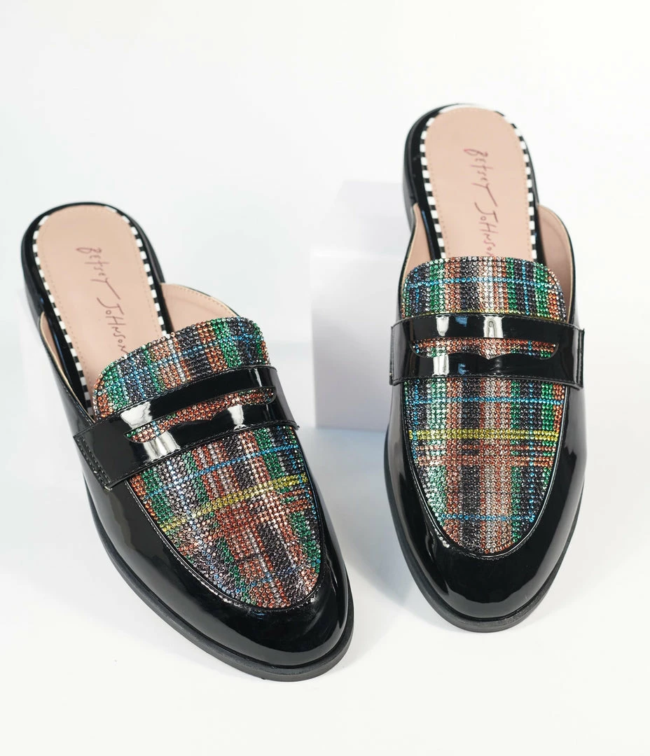Betsey Johnson ( Steve Madden Daniel Friedman) Betsey Johnson Black & Plaid Rhinestone Marker Loafer Shoes