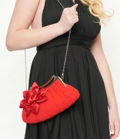 Unique Vintage Red Chiffon & Floral Clutch 1950s