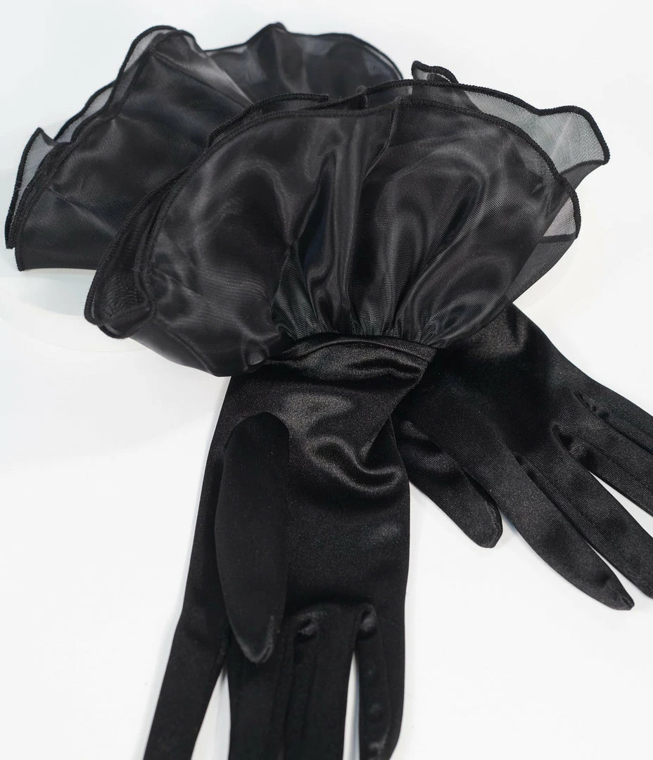 Flapper Unique Vintage Black Satin & Mesh Peplum Wrist Gloves