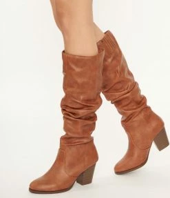East Lion (Qupid) Brown Leatherette Slouchy Knee High Boots Shoes