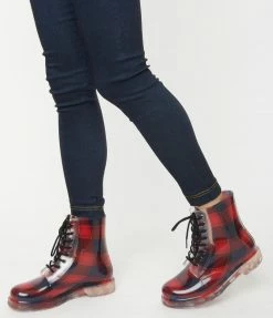 East Lion (Qupid) Red & Navy Plaid Lace Up Rain Boots Shoes