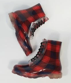 East Lion (Qupid) Red & Navy Plaid Lace Up Rain Boots Shoes