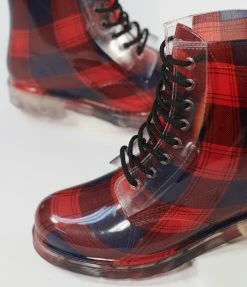 East Lion (Qupid) Red & Navy Plaid Lace Up Rain Boots Shoes