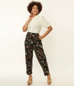 Factory X (Princess Highway) Black & Multicolor Botanical Plant Print Crop Pants Bottoms