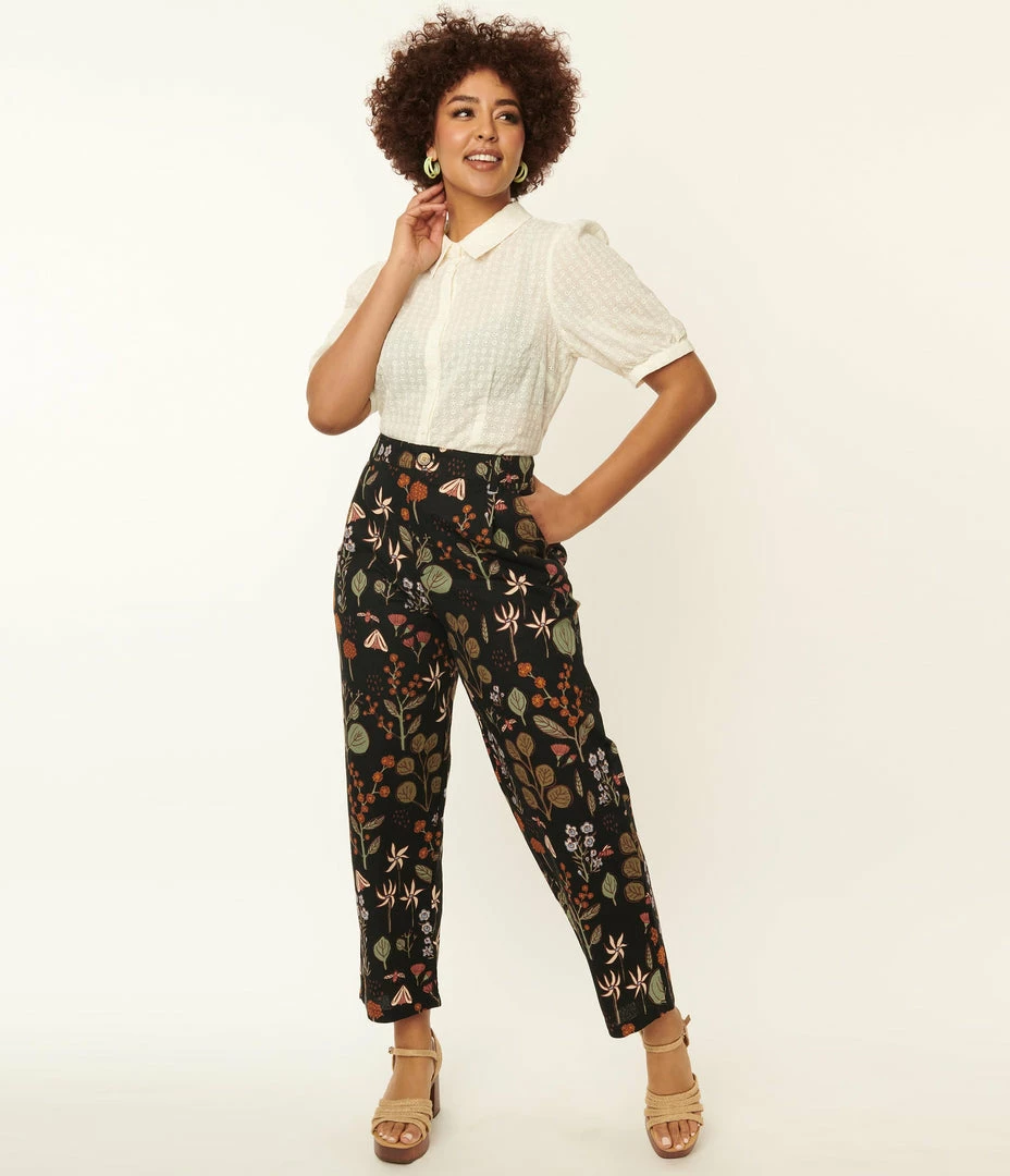 Factory X (Princess Highway) Black & Multicolor Botanical Plant Print Crop Pants Bottoms