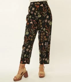 Factory X (Princess Highway) Black & Multicolor Botanical Plant Print Crop Pants Bottoms