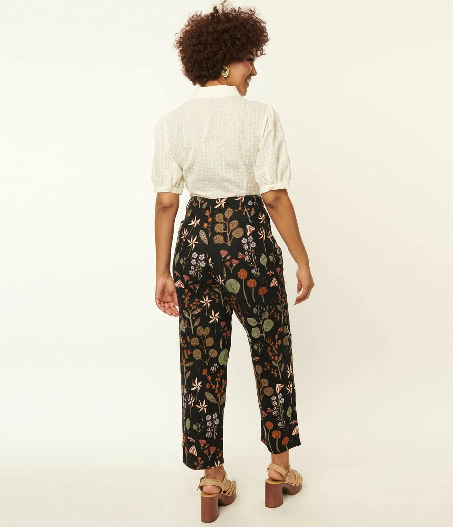 Factory X (Princess Highway) Black & Multicolor Botanical Plant Print Crop Pants Bottoms