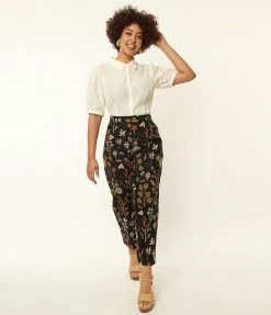 Factory X (Princess Highway) Black & Multicolor Botanical Plant Print Crop Pants Bottoms