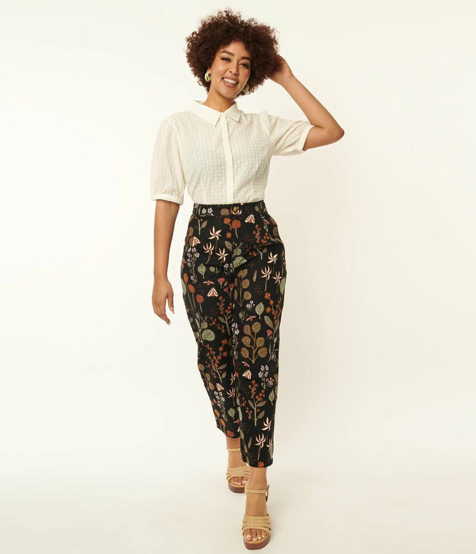 Factory X (Princess Highway) Black & Multicolor Botanical Plant Print Crop Pants Bottoms