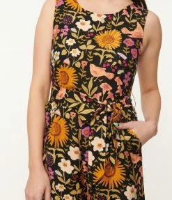 Factory X (Princess Highway) 1960s Black & Multicolor Wild Garden Print Jumpsuit