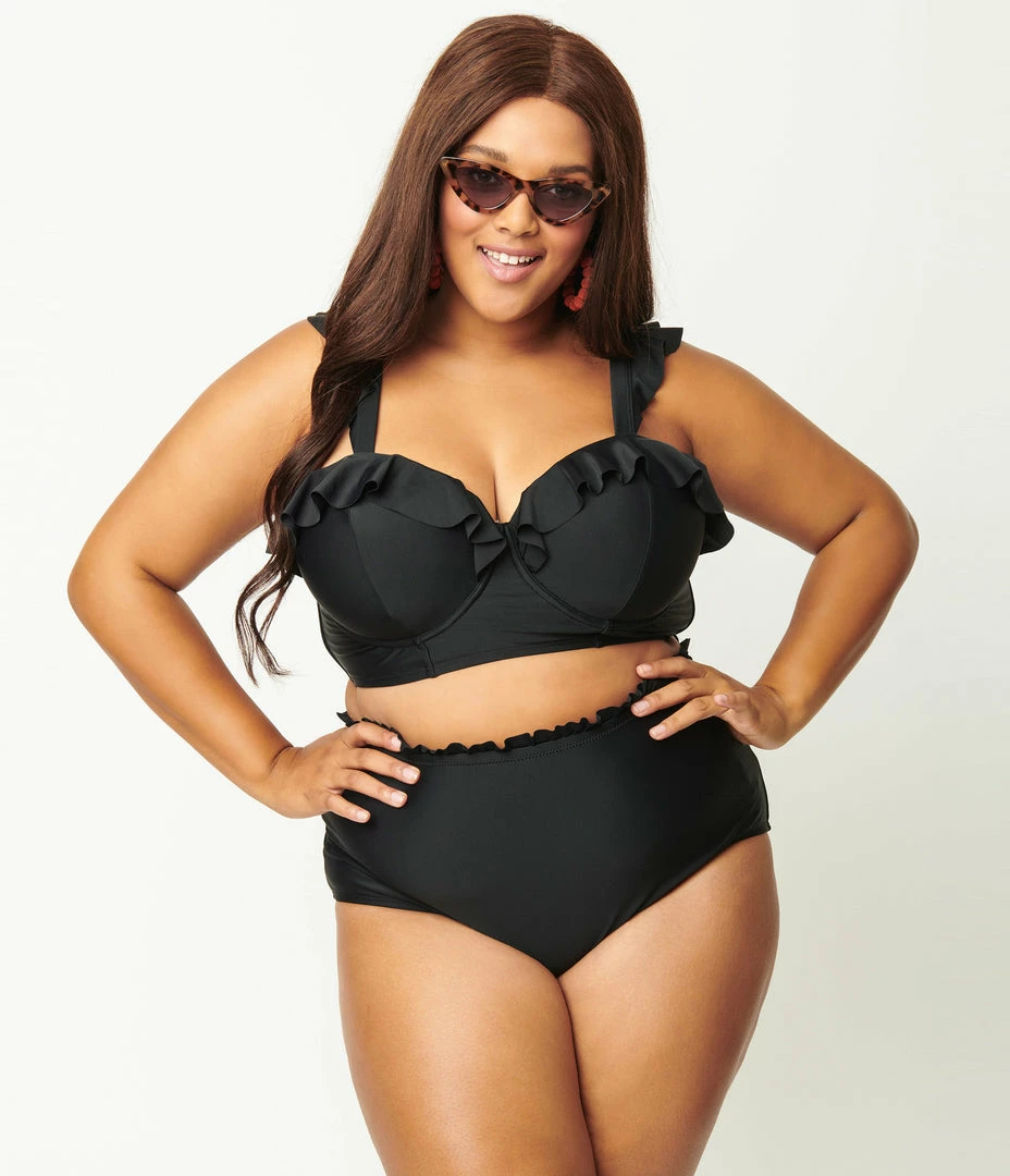 Swimwear Unique Vintage Plus Size Black High Waist Cape May Swim Bottom