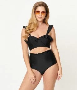 Unique Vintage Black High Waist Cape May Swim Bottom Swimwear