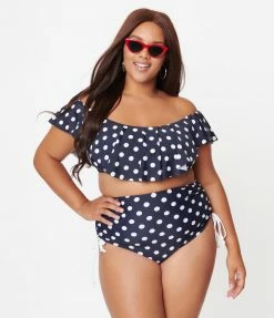 Unique Vintage Plus Size Navy & White Polka Dot Ruffled Ramona Swim Top