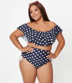 Unique Vintage Plus Size Navy & White Polka Dot Ruffled Ramona Swim Top