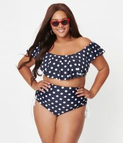 Unique Vintage Plus Size Navy & White Polka Dot Ruffled Ramona Swim Top