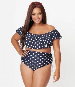 Unique Vintage Plus Size Navy & White Polka Dot Ruffled Ramona Swim Top