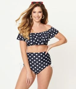 Unique Vintage Navy & White Polka Dot Ruffled Ramona Swim Top Swimwear
