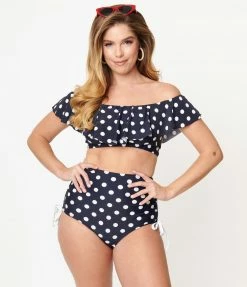 Unique Vintage Navy & White Polka Dot Ruffled Ramona Swim Top Swimwear