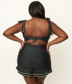 Unique Vintage Plus Size Black & White Pin Dot Print Totally Tied Up Swim Top