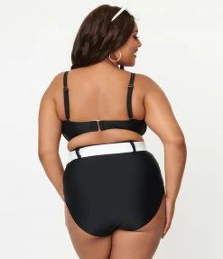 Unique Vintage Plus Size Black & White Stripe Knot So Fast Swim Top