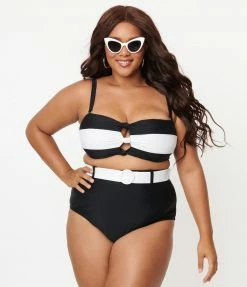 Unique Vintage Plus Size Black & White Stripe Knot So Fast Swim Top