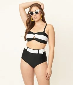 Swimwear Unique Vintage Black & White Stripe Knot So Fast Swim Top