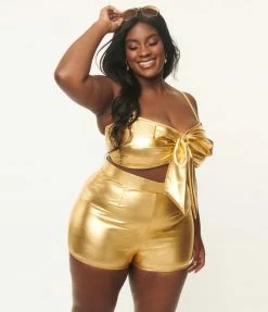 Unique Vintage Plus Size Gold High Waist Capitola Swim Shorts