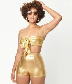 Unique Vintage Gold High Waist Capitola Swim Shorts