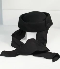 1930s & 1940s Unique Vintage Black Wool Pillbox & Scarf