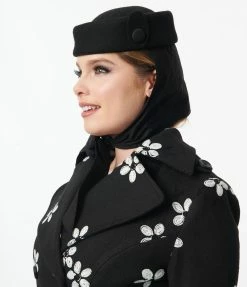 1930s & 1940s Unique Vintage Black Wool Pillbox & Scarf