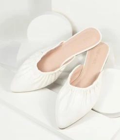 In Touch Footwear Shoes White Leatherette Gathered Mule Flats