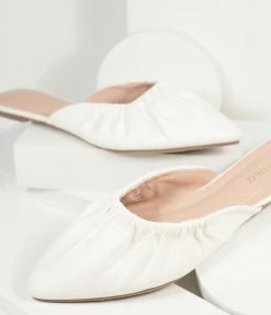 In Touch Footwear Shoes White Leatherette Gathered Mule Flats