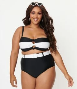 Unique Vintage Plus Size Black & White Belted Redondo Swim Bottoms Swimwear