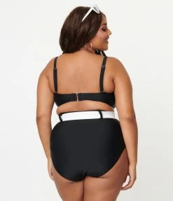 Unique Vintage Plus Size Black & White Belted Redondo Swim Bottoms Swimwear
