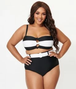 Unique Vintage Plus Size Black & White Belted Redondo Swim Bottoms Swimwear