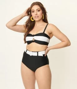 Swimwear Unique Vintage Black & White Belted Redondo Swim Bottoms