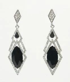 Unique Vintage Black Gemstone Diamond Shape Drop Earrings Flapper