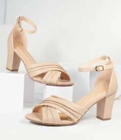 Verona Collection Beige Cross Strap Peep Toe Heels