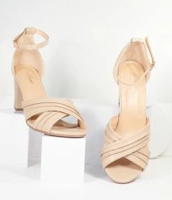 Verona Collection Beige Cross Strap Peep Toe Heels
