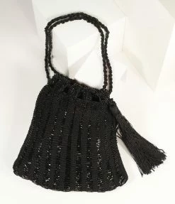 Ricki Designs Flapper Accessories Vintage Style Black Beaded & Crochet Tassel Purse