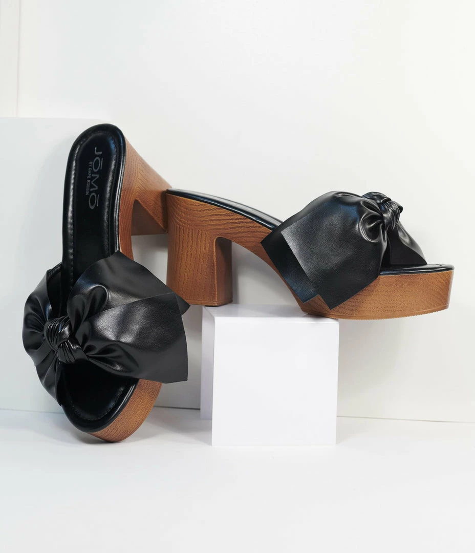 Cape Robbin 1970s Black Leatherette Bow Wooden Platform Heels