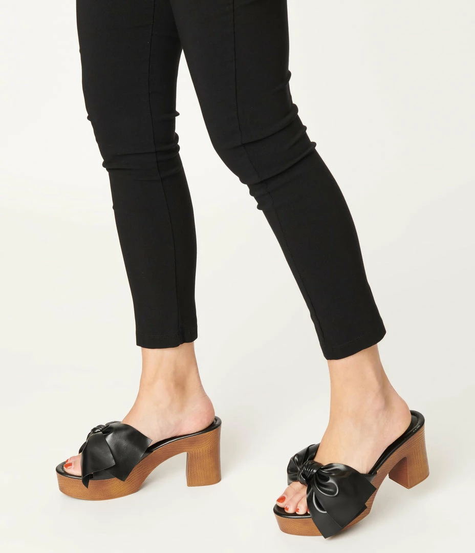 Cape Robbin 1970s Black Leatherette Bow Wooden Platform Heels