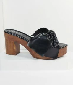Cape Robbin 1970s Black Leatherette Bow Wooden Platform Heels