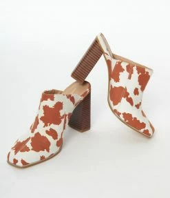 OUR LOVE LETTER INC White & Brown Cow Print Suede Mule Heels 1970s