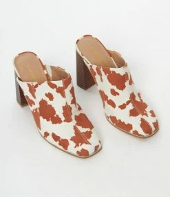 OUR LOVE LETTER INC White & Brown Cow Print Suede Mule Heels 1970s